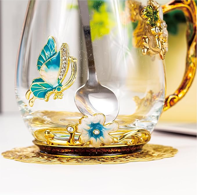Flower Tea Cup ,Butterfly Daisy Clear Glass Fancy Coffee Mug with Spoon,Gift Box, Hot And Cold Drinks Use,For Her Mom Wife Grandma Girls Friends Valentines Christmas Birthday Present Idea for Juice