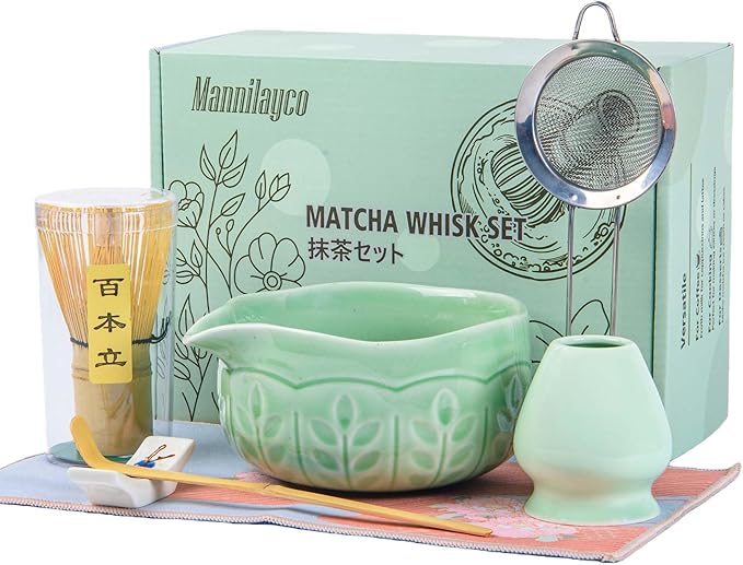 Matcha Whisk Bowl Set, 7PCS Japanese Matcha Kit with Spout Bowl (Green), Bamboo Whisk with Stand, Scoop, Sifter, Matcha Accessories for Tea Ceremony, Matcha Latte, Gifts for Family, Friends