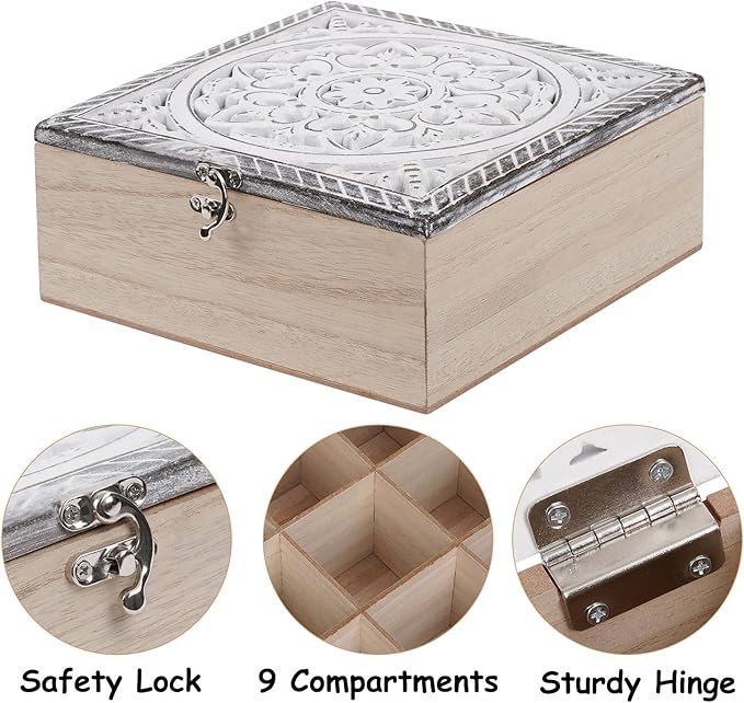handrong Tea Box for Tea Bag Organizer Tea Bag Holder Tea Box Wooden Rustic Tea Chest with Unique Floral Pattern 9 Compartments for Gift Home Tea House