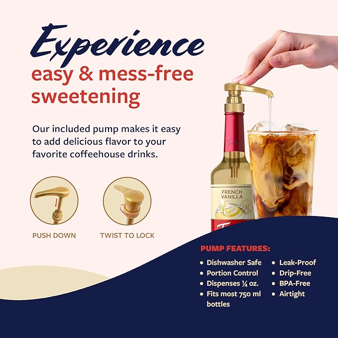 Torani Puremade Syrup, French Vanilla Flavoring for Drinks, Glass Bottle with Pump Included, 25.4 Fl Oz