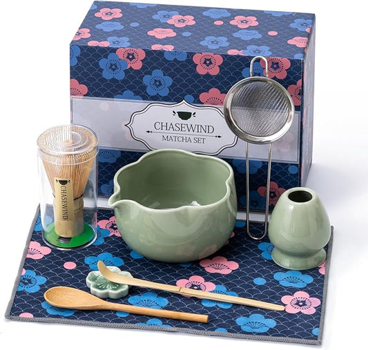 Matcha Set, 8Pcs Floral Ceramic Matcha Kit with Matcha Whisk, Holder, Scoop, Scoop Rest, Sifter, Spoon and Tea Towel - Thoughtful Matcha Whisk Set Gift for Matcha Lovers (Green)