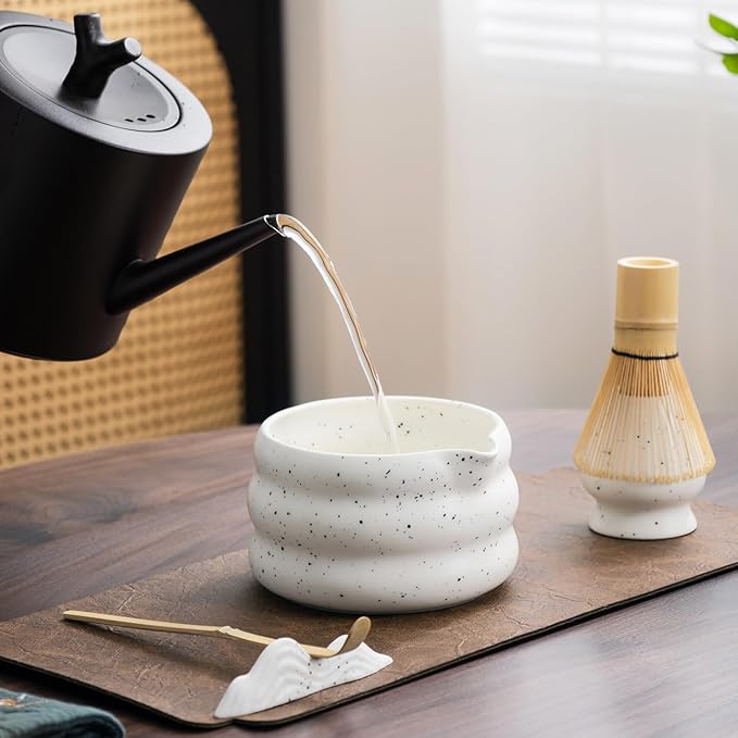7Pcs Japanese Matcha Tea Set, Matcha Kit with Matcha Bowl (with Pouring Spout), Matcha Whisk, Whisk Holder, Strainer - Elegant Matcha Set for Gifting and Personal Use, Gift Box Packaging (white)
