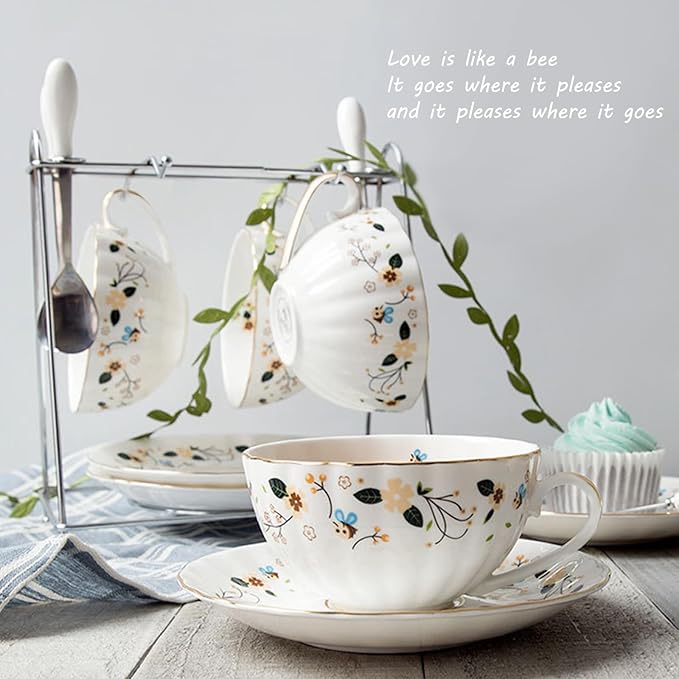 BigNoseDeer Gifts for Women Porcelain Tea cups and Saucers,Art Latte Cup, Cappuccino Cup,Cute Ceramic Coffee Mug Christmas Gifts(7oz)
