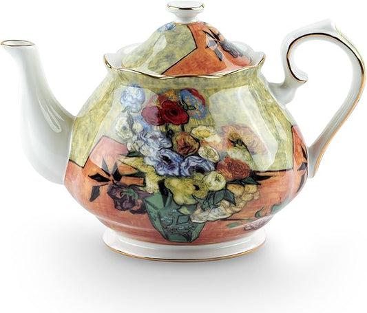 Teapot 30 oz Vangogh Paintings Bone China Loose Tea Pot Floral Design Vintage Ceramic Coffee Water Pot European Style Porcelain (Flower Vase)