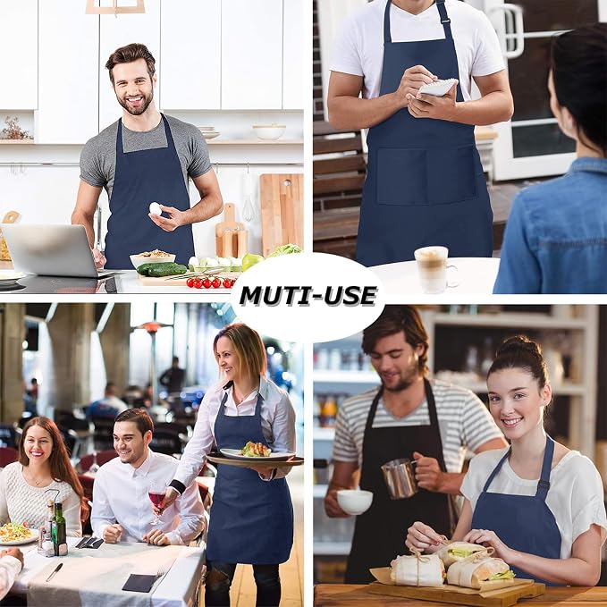 4 Pack Chef Apron, Waterproof Apron, Adjustable Apron with 2 Pockets for Men Women, Apron for Cooking Baking Restaurant (Polyester Blend, Navy Blue) - Image 7