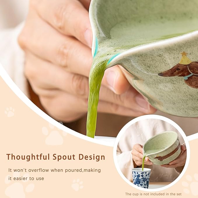 Matcha Set with Dog Pattern, Japanese Matcha Whisk Set Includes Matcha Bowl with Spout, Whisk Holder, Bamboo Whisk and Scoop, Matcha Sifter, 17 oz Ceramic Matcha Kit for Tea Lovers (Mottled Green)