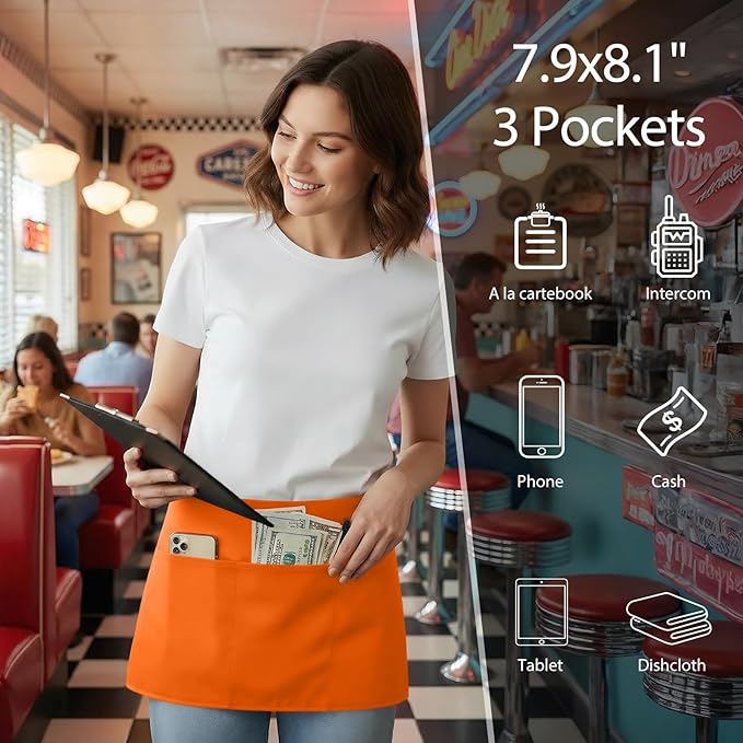 BOHARERS Waist Apron with 3 Pockets 3 Pack - Orange Waitress Server Short Apron