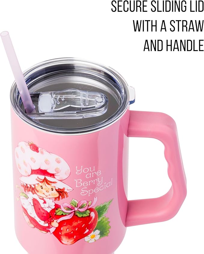 Silver Buffalo Strawberry Shortcake “You are Berry Special” Stainless Steel Tumbler with Handle, Fits in Standard Cup Holder, 40 Ounces