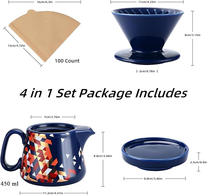 Pour Over Coffee Maker, Ceramic Coffee dripper with 100 pcs Paper Filter, Ceramic coffee Server with Lid, 15.5oz/450 ml, Suitable for 1-2 people (Blue)