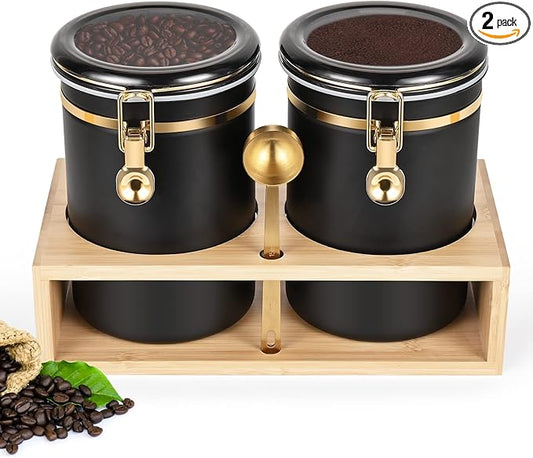 Yangbaga 304 Stainless Steel Coffee Canisters for Ground Coffee,2 x 63OZ Coffee Container with Shelf Coffee Bean Storage, Food Storage Jar with Gold Airtight Locking Clamp and Spoon for Kitchen