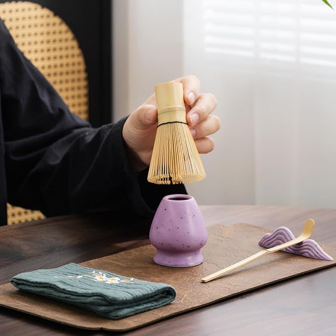 7Pcs Japanese Matcha Tea Set, Matcha Kit with Matcha Bowl (with Pouring Spout), Matcha Whisk, Whisk Holder, Strainer - Elegant Matcha Set for Gifting and Personal Use, Gift Box Packaging (Purple;)