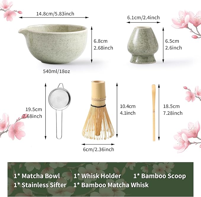 Matcha Whisk Set 5 Pcs, Matcha Kit Set Includes Matcha Bowl, Matcha Whisk and Holder, Bamboo Scoop and Sifter, Ceramic Matcha Set, Matcha Tea Set, Ideal Gift for Family/Friend (Green)