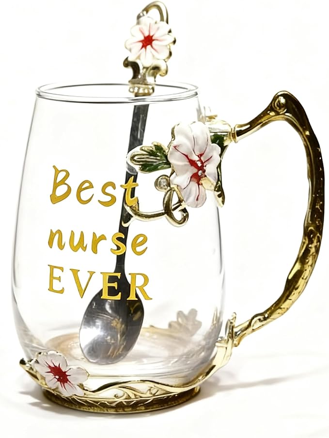 National Nurses Day Flower Glass Cup with Unique Flower Printing and Spoon - Ideal Nurse Christmas Gift (Nurse)