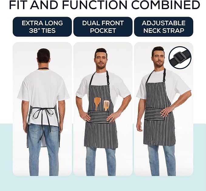 Will Well 2 Pack Bib Apron For Men & Women with 2 Pockets - Black Stripe | Unisex 33'' x 27'' Oil & Water Resistant Soft Kitchen Chef Apron with Adjustable Neck Strap & 38'' Waist Ties for Snug Fit - Image 3