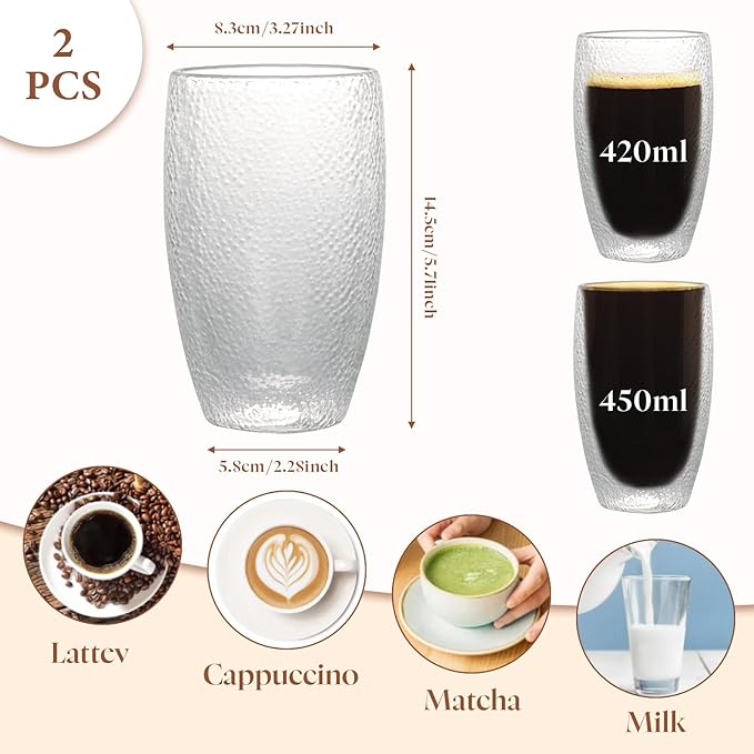 Double Wall Glass Coffee Mugs Set, Clear Insulated Glass Mugs for Hot Beverages, Suitable for Tea, Latte, Espresso, Cappuccino (15oz(2-pack))