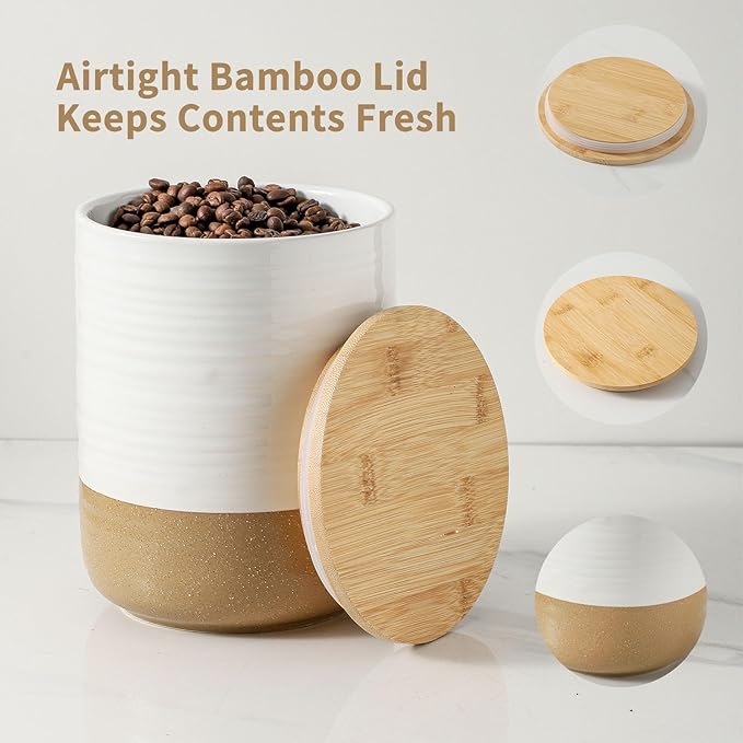 HASENSE Ceramic Kitchen Canisters with Bamboo Lids – 80oz & 24oz Storage Jars Set – 7.5" + 5.9" Airtight Pantry Containers for Tea, Coffee, Flour, Snacks – Modern Minimalist Design 2-Pack White