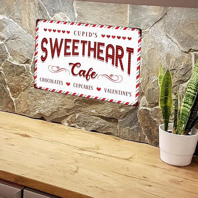 Cupid's Sweetheart Cafe Tin Sign Love Shack Metal Signs Valentine's Day Wall Art Decoration Home Farmhouse Bar Kitchen Cafe Coffee Corner White Day Decor Romantic Gift 12" x 8" - Image 6