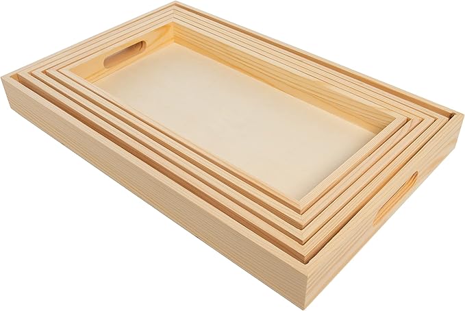 Wooden Nested Serving Trays, Unfinished Rectangle Trays with Cut-Out Handles for Crafts, Ottomans, Serving and Home Décor – Set of 5