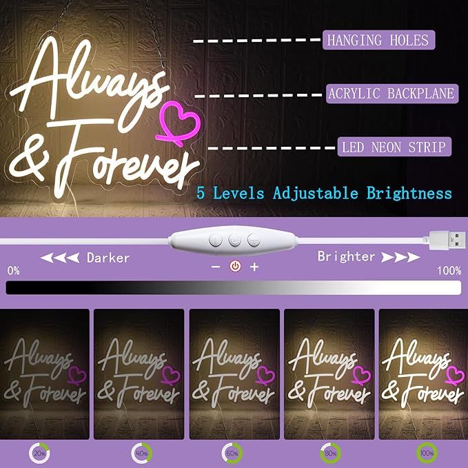 Always Forever Neon Sign Warm White Neon Light Sign, Letters Wedding Led Neon Signs for Wall Decor, Dimmable with USB Powered for Bedroom Propose Anniversary Christmas Gifts