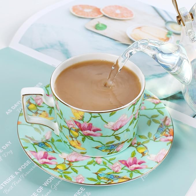 Vintage 8 Ounces Teacup and Saucers Set Floral Tea Cups Set Bone China TeaCups Coffee Tea Cup for Tea Party Women Mom (Green)