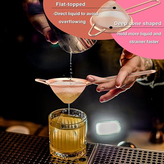 Fine Mesh Strainer Set of 2, E-far 3.3 Inches Stainless Steel Tea Strainer with Long Handle, Small Conical Mesh Strainers Sieve for Cocktail Coffee Food, Rust Proof & Easy to Clean(Rose Gold)