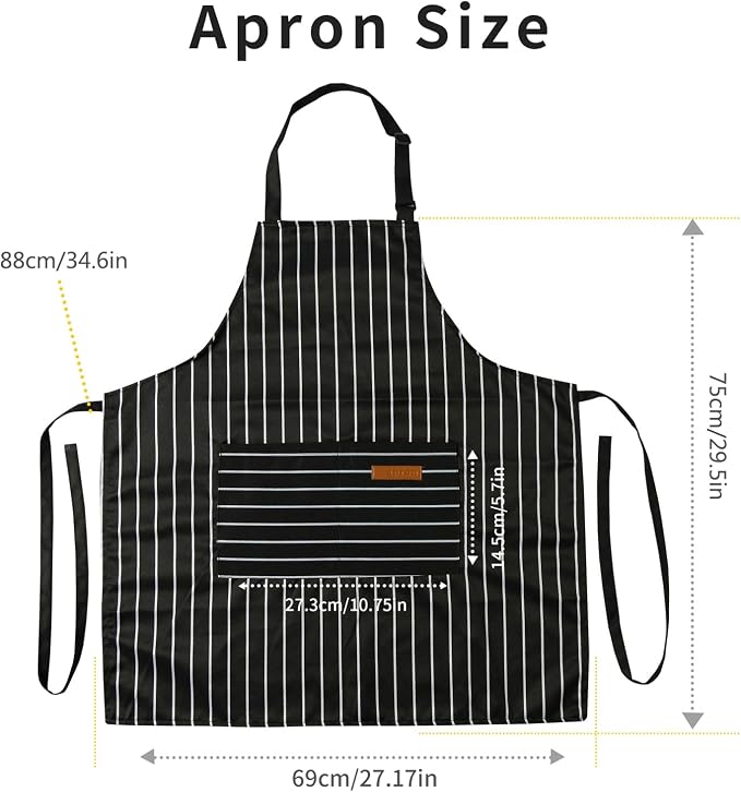Tosewever 2 Pieces Kitchen Cooking Aprons, Cotton Polyester Blend Adjustable Bib Aprons with 2 Pockets for Women Men Chef Chef (Navy/Black Stripes, 2) - Image 6