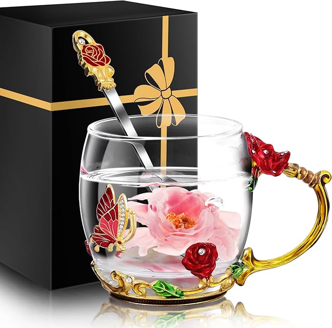 Women Glass Tea Coffee Pretty Cup Set Cute Mug Christmas Xmas Birthday Gift Ideas Female Boss Teacher End of Year Nurse Best Friend Soul Bestie Unique Appreciation Co Worker Seniors Elderly Adult