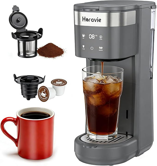 Single Serve Coffee Maker for K Cup Pod & Ground, Fast Brew One Cup Coffee Machine with Descaling and Low Water Alert, Fit 7.8" Travel Mug, 6 to 14oz Brew Sizes, 30oz Removable Reservoir, Grey