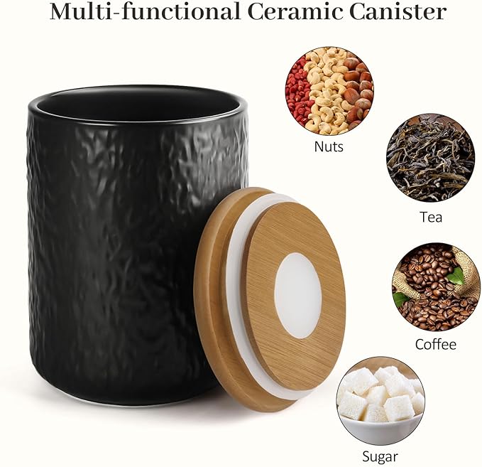 Ceramic Canister Set for Kitchen Countertop, 3 Airtight Food Storage Containers, Modern Coffee Storage Jars for Flour, Sugar, Pasta, Cookies, Tea(Black)