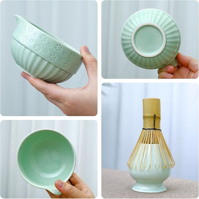 Joyscale Matcha Whisk Set, Matcha Set Whisk And Bowl, 8 Pcs Matcha Kit Set(Cherry Blossom Design), 18 OZ, Japanese Matcha Tea Set, Matcha Making Kit Gifts for Tea Lovers(Mint Green)