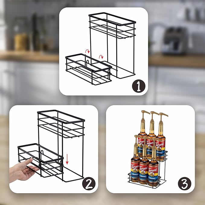 Coffee Syrup Organizer Rack, (6 Bottle Capacity),2 Tier Coffee Syrup holder for Coffee Bar Accessories,Kitchen,Storage for Syrup, Wine, Dressing（Black）