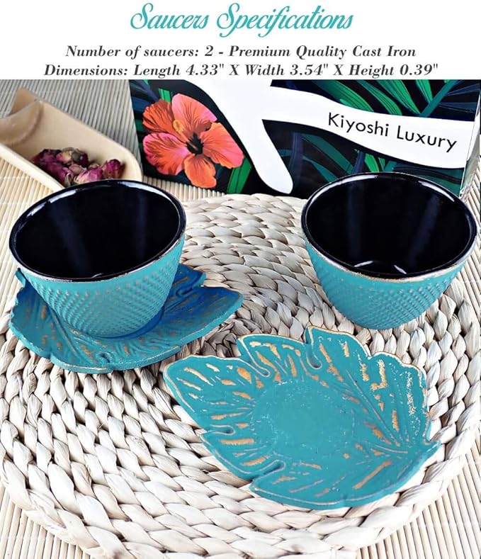 4pc Japanese Tea Cups Set. Turquoise/Gold Cast Iron Tea Cup Set, 2 Tea Cups and Saucers. 4oz Teacup Set For Any Japanese Tea Set or Teapot.