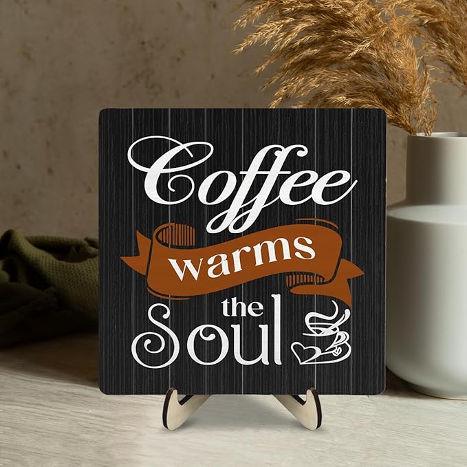 Coffee Bar Sign Plaque Decor,Coffee Bar Accessories,Rustic Wooden Tabletop Plaque with Stand, Minimalist Farmhouse Kitchen Counter Sign,Cute Mini Café Bar Decor Gift 5.9x5.9Inch