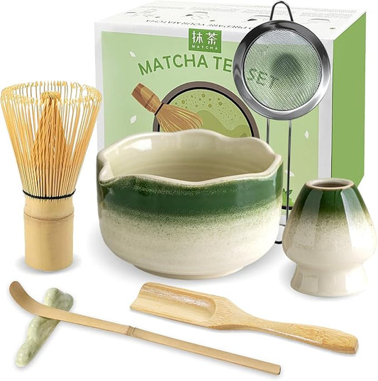 JBER Matcha Whisk Set, Ceramic Matcha Set Includes Bowl, Matcha Whisk (Chasen) and Holder, Sifter, Bamboo Scoop, Spoon & Rest - 7 Pcs Matcha Kit Set for Matcha Lovers & Beginners, Gradient Green