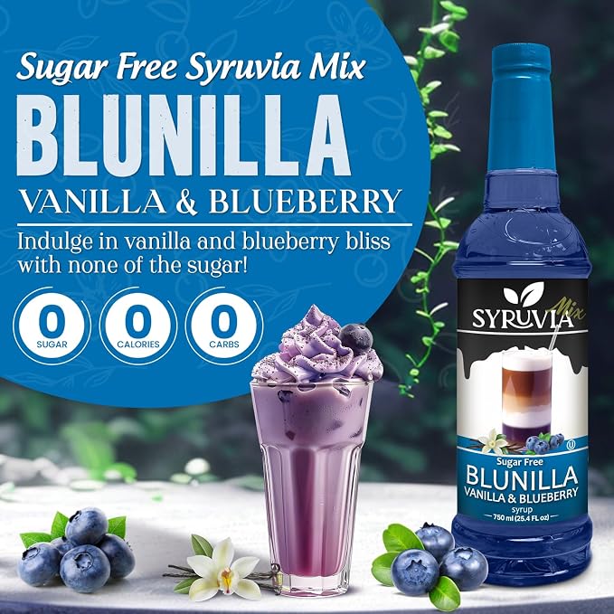 Syruvia Sugar Free Coffee Syrup, BLUNILLA Syrup, Vanilla Blueberry Flavored Syrup for Drinks, Lattes, and Desserts – 25.4 fl oz, With Pump - Image 3