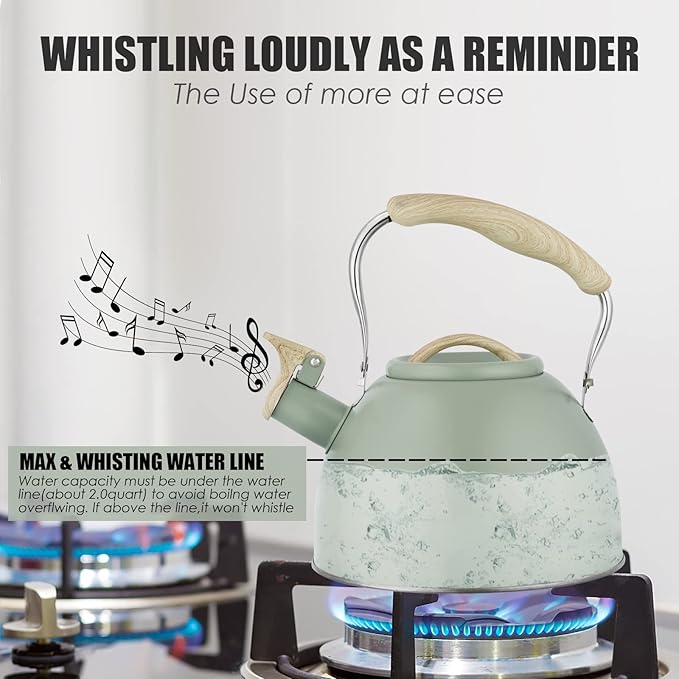 Tea Kettle -3.0 Quart Whistling Tea Kettle for Stove Top Stainless Steel Tea Pot Stovetop Food Grade Water Kettle with Wood Pattern Handle for Coffee/Tea/Milk Kettle Pot-Green
