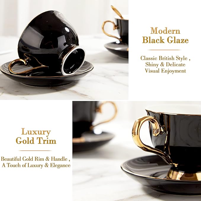 DUJUST Porcelain Tea Cup and Saucer Set with Spoon - Luxury Black British Style Modern Tea Set with Golden Trim, for Room Decoration & Tea Party - Black