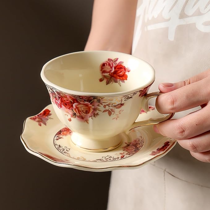 8 oz Vintage flower Ceramic cup and 6" saucer set with Brand customized stainless steel spoon Gifts for Afternoon Tea Coffee Hour (B)