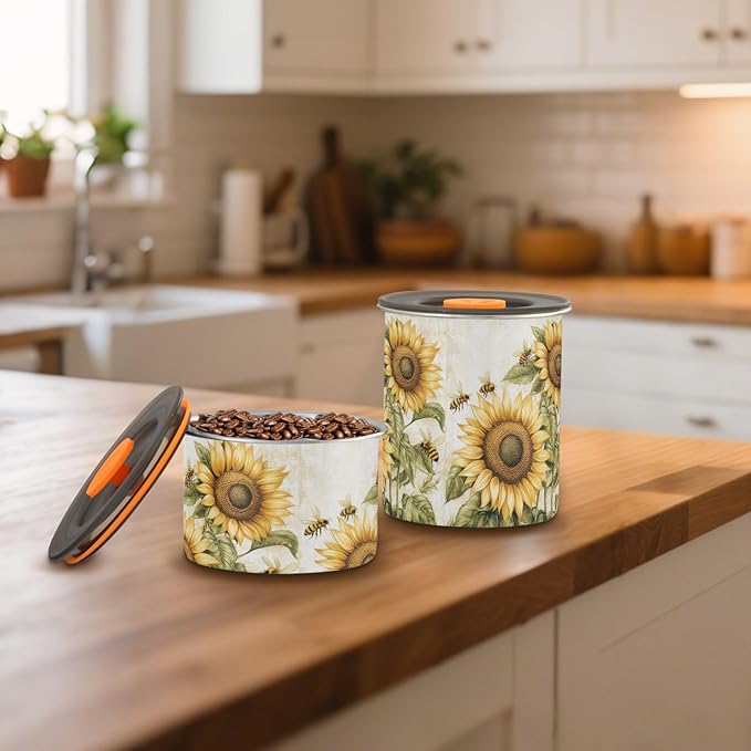susiyo 30OZ Coffee Canister with Clear Airtight Lid Vintage Sunflowers Bees Stainless Steel Home Kitchen Food Storage Container Storage Jar for Beans Ground Sugar Tea Cereal