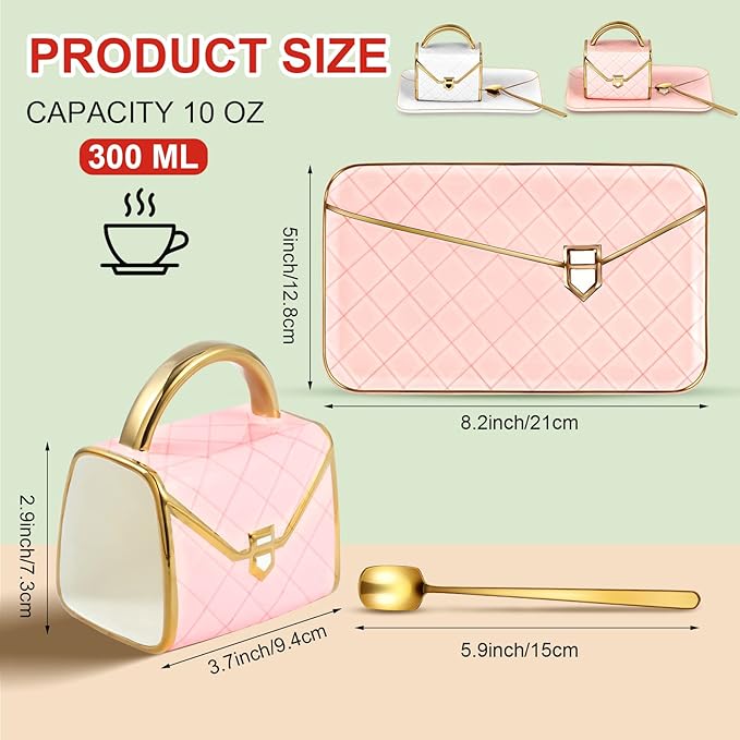 Zubebe 2 Sets Coffee Mug Elegant Handbag Shaped Cup Mother's Day Modern Ceramic Purse Mug with Spoon and Saucer, 10oz Cute Creative Tea Cup for Woman Girls Gift (Pink,White)