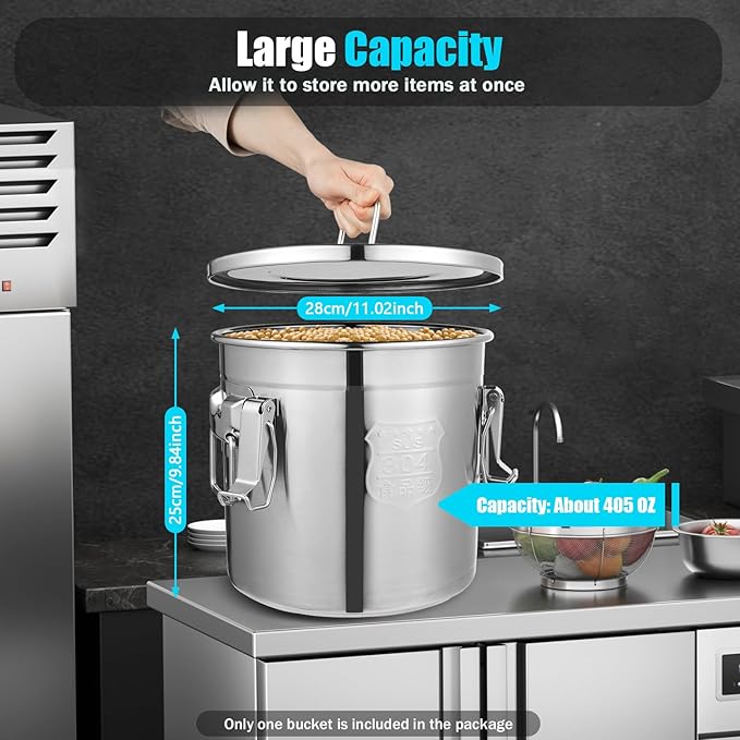 304 Stainless Steel Airtight Canister, Kitchen Metal Food Storage Canisters w/Airtight Lid & Locking Clamp, Cereal Container for Rice Flour Milk Coffee Bean, Silver (12L)