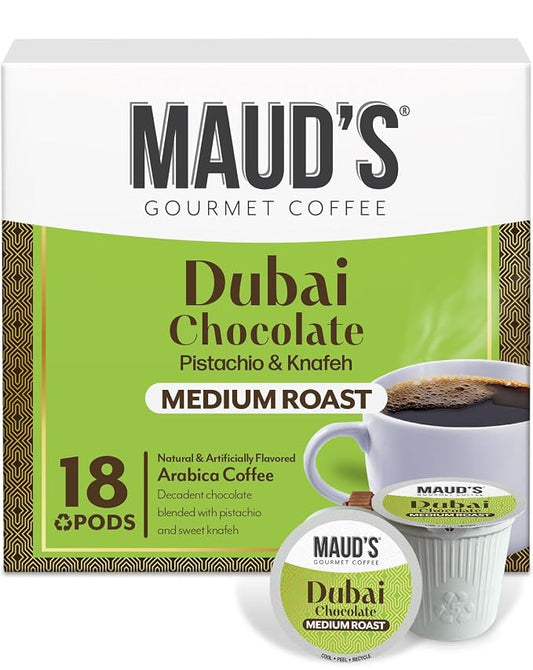 Maud's Dubai Chocolate Flavored Coffee Pods, 18 ct, Medium Roast Flavored Coffee in Recyclable Single Serve Pods – 100% Arabica Beans, Compatible with Keurig K Cups Maker by MAUDSCOFFEETEA