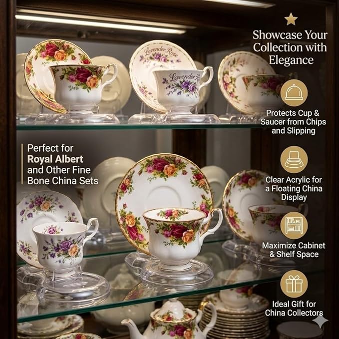 HOHIYA 12 Pcs Clear Acrylic Tea Cup and Saucer Display Stand Set Stackable Teacup Holder Rack for China TeaCups Coffee Mugs and China Dish Display Organizer