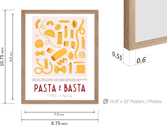 Poster Master Vintage Illustration Poster - Retro Food Print - Types of Pasta, Yellow, Spaghetti, Rotini, Penne - Gift for Artist, Chef - Wall Decor for Kitchen, Restaurant, 8x10 Beige Framed