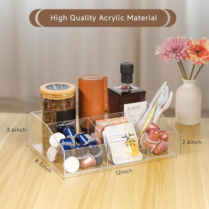 Acrylic Coffee Bar Station Organizer for Countertop Office Breakroom, Clear Tea Snack Storage Coffee Capsule Pod Holder for Kcup Condiment Sugar Creamer Syrup, Easter Gift for Coffee Lovers - Image 4