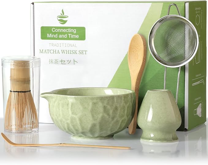 Matcha whisk Set,Japanese Matcha Set,Matcha Bowl with Spout,Matcha Whisk and Holder,Bamboo Scoop,Sifter - 6 Pcs Tea Set for Matcha Lover,Tea Ceremony(Green)