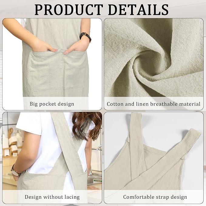 Japanese Style Apron, X Cross Back Strap Aprons, Linen and Cotton Blend Apron, No Tie Design with 2 Practical Front Pockets, Perfect for Women Men Baking Painting Gardening Cleaning (Beige) - Image 6