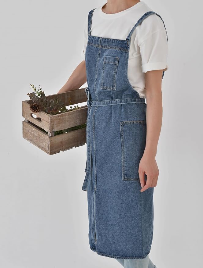 Cotton Denim Apron Soft - Unisex Adjustable Bib Apron with 5-Pockets Perfect for Kitchens - Image 4
