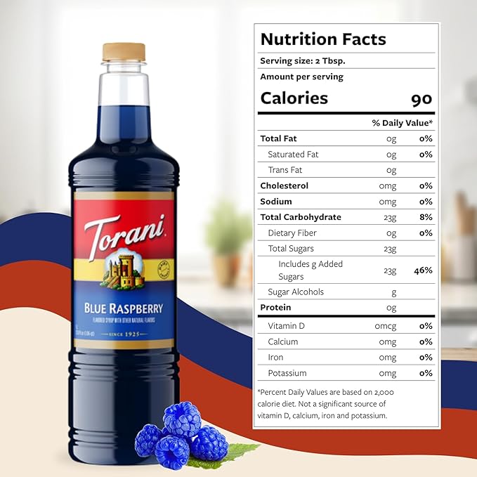 Torani Blue Raspberry Syrup 1 Liter Bottle with Pump Dispenser – Flavored Syrup with Pure Cane Sugar & Natural Ingredients – Perfect for Snow Cones, Shakes, Cocktails & Desserts - Image 2
