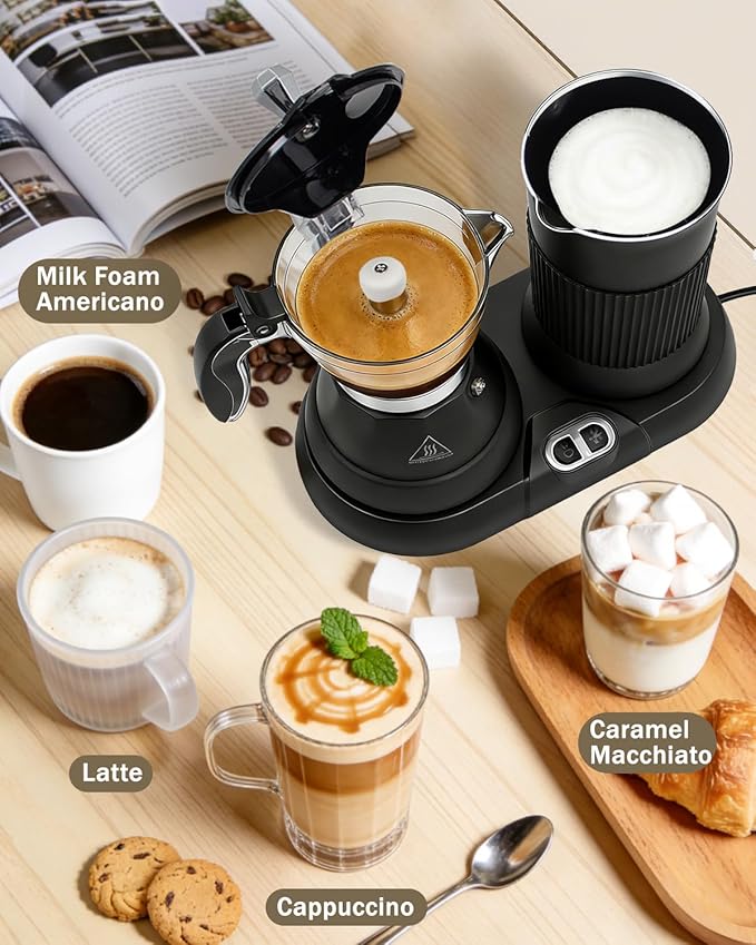 2-in-1 Milk Frother Electric Foam Maker and Moka Coffee Maker Espresso Maker 110V Electric Base Aluminum Frother Moka Pot 5oz 150ml Frothing Easy Brewing Latte Cappuccino Home Gift Black
